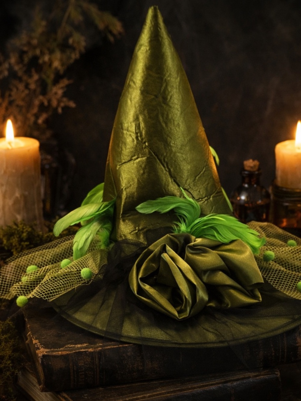 Whimsical Green Witch Hat Halloween Costume Fairycore Cottagecore Feather Tulle